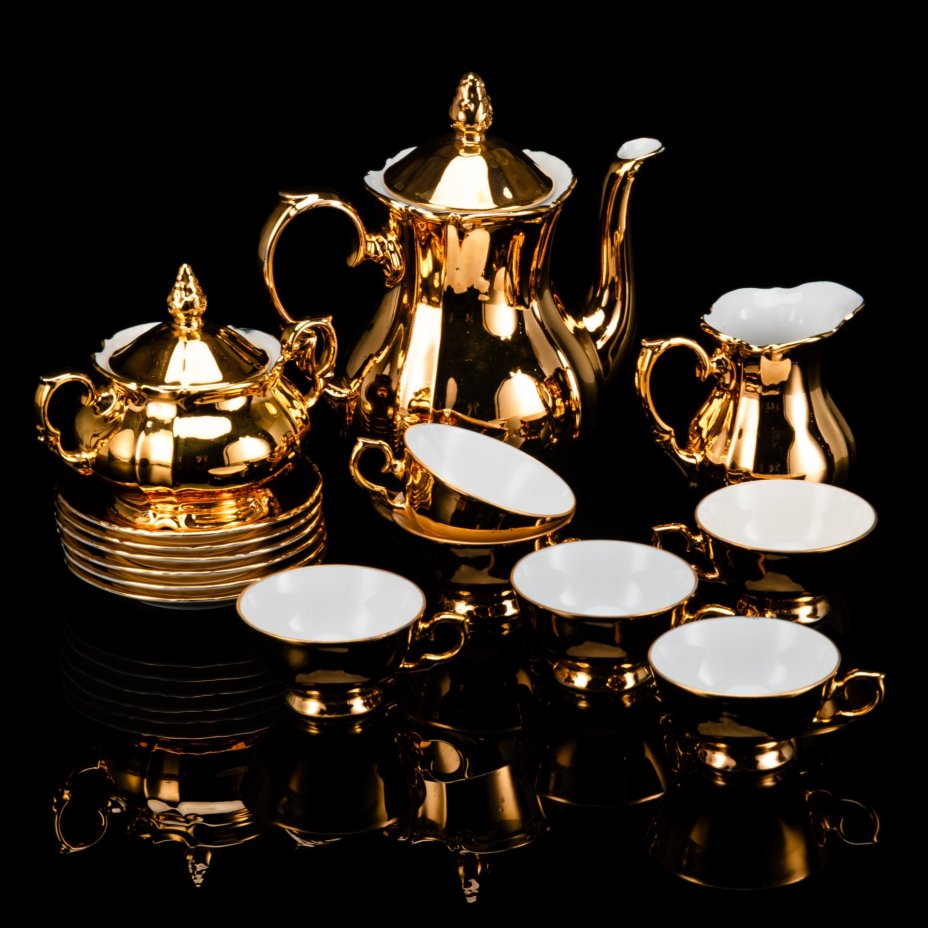 Сервиз кофейный с золотым декором на 6 персон (15 предметов), фарфор, крытье, золочение, Kahla, ГДР, 1960-1980 гг.