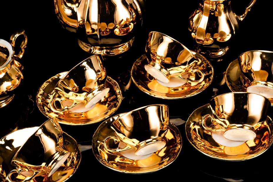 Сервиз кофейный с золотым декором на 6 персон (15 предметов), фарфор, крытье, золочение, Kahla, ГДР, 1960-1980 гг.