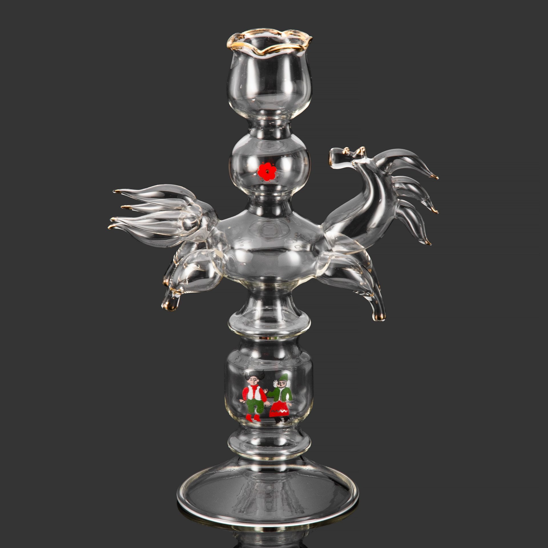 Подсвечник "Конь", автор Маршумова Ирина Михайловна, Калининский стекольный завод (?), стекло, выдувание на горелке, роспись золотом, деколь, СССР, 1970-1980 гг.