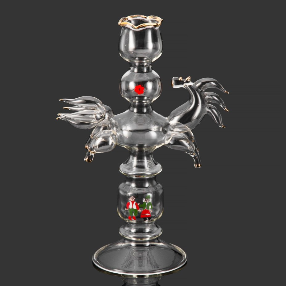 Подсвечник "Конь", автор Маршумова Ирина Михайловна, Калининский стекольный завод (?), стекло, выдувание на горелке, роспись золотом, деколь, СССР, 1970-1980 гг.