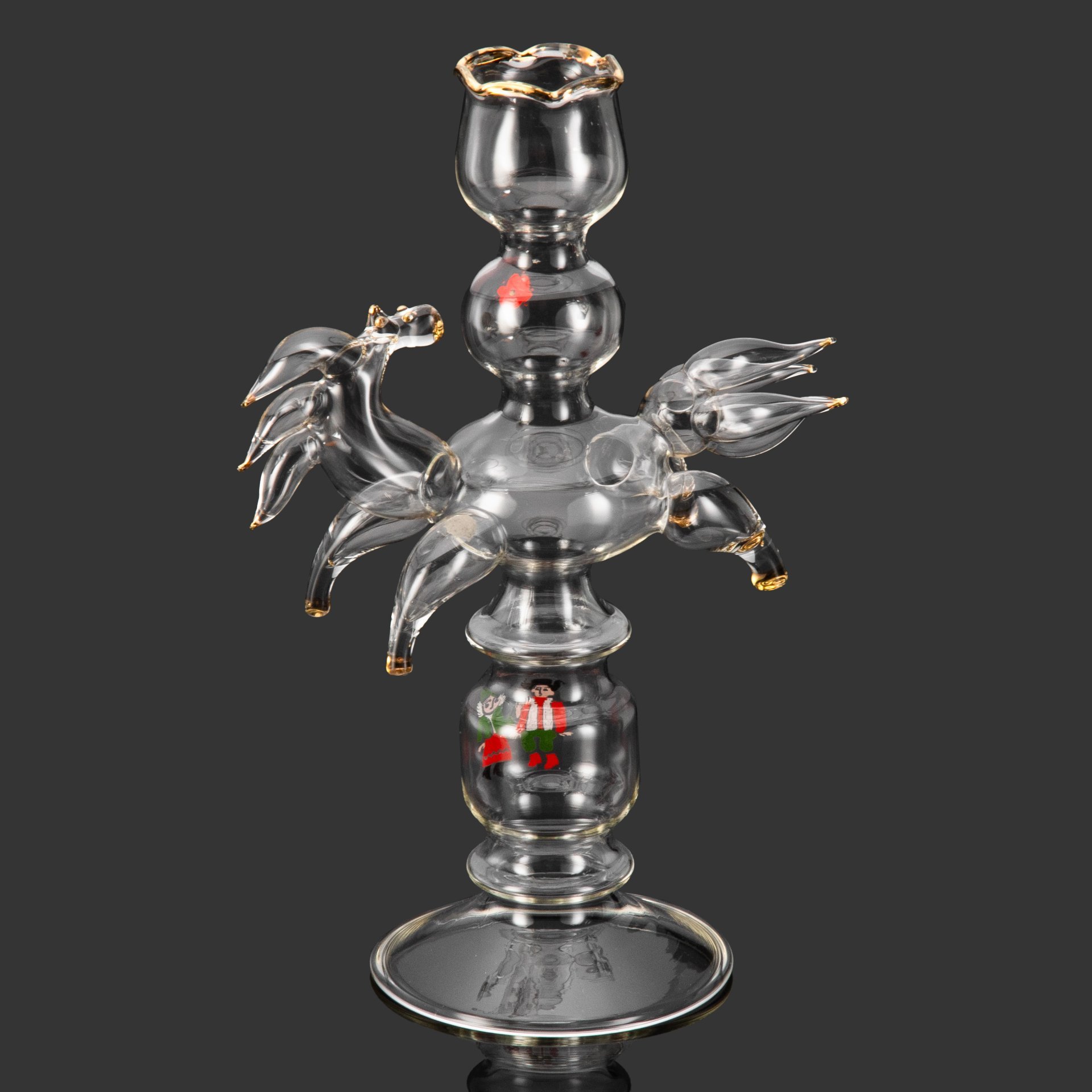 Подсвечник "Конь", автор Маршумова Ирина Михайловна, Калининский стекольный завод (?), стекло, выдувание на горелке, роспись золотом, деколь, СССР, 1970-1980 гг.