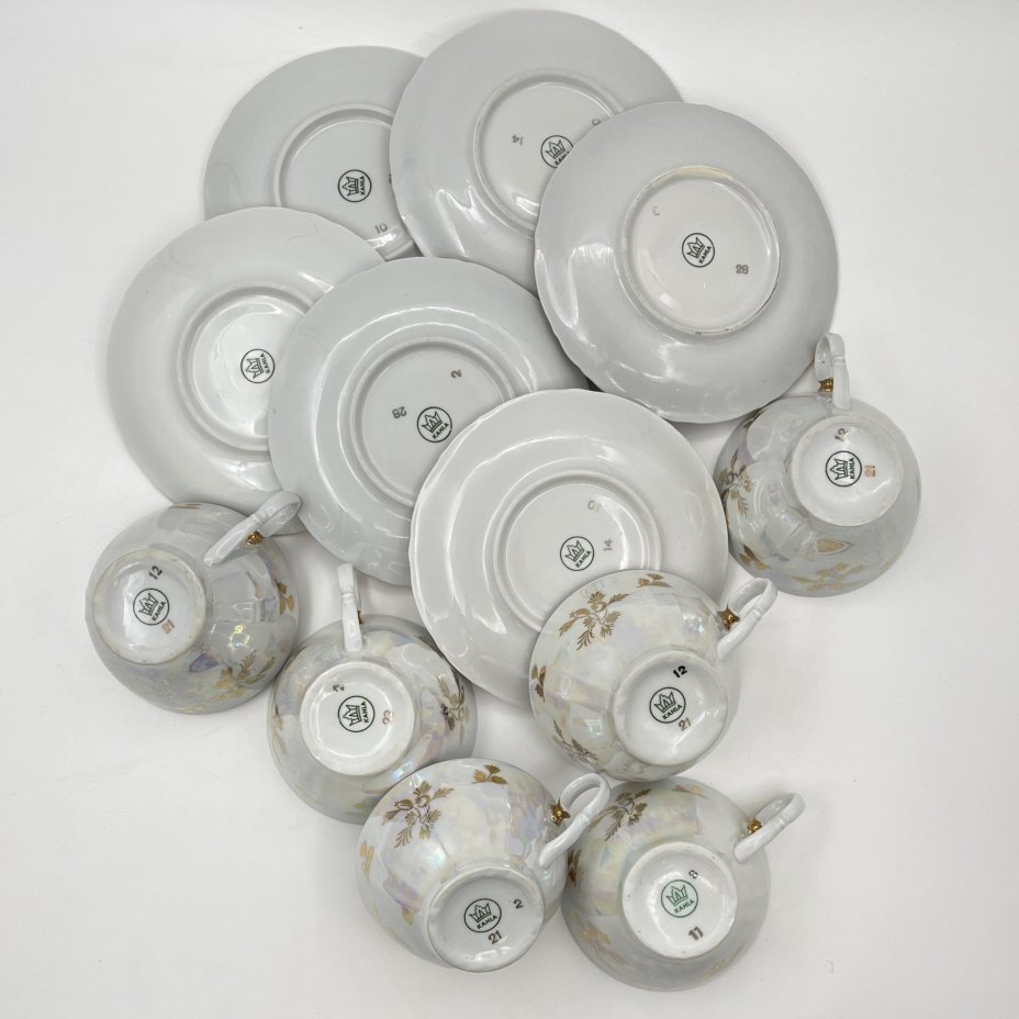 Сервиз чайно-кофейный на 6 персон "Мадонна" (15 предметов), фарфор, люстр, деколь, золочение, Kahla, ГДР, 1960-1980 гг.