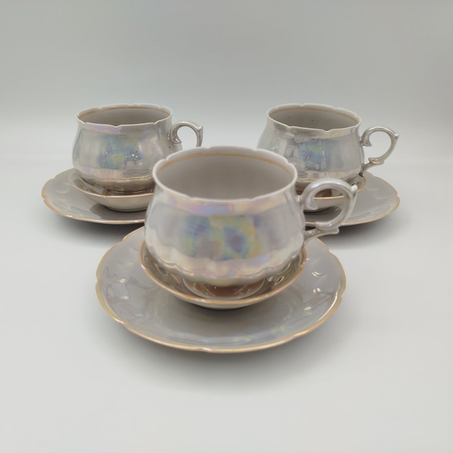 Набор для подачи чая на 3 персоны перламутрового оттенка (9 предметов), фарфор, люстр, Октябрьский фарфорово-фаянсовый завод, СССР, 1964-1991 гг.