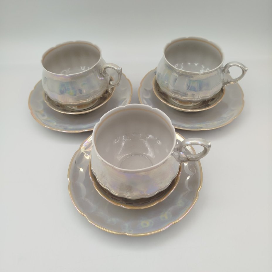 Набор для подачи чая на 3 персоны перламутрового оттенка (9 предметов), фарфор, люстр, Октябрьский фарфорово-фаянсовый завод, СССР, 1964-1991 гг.