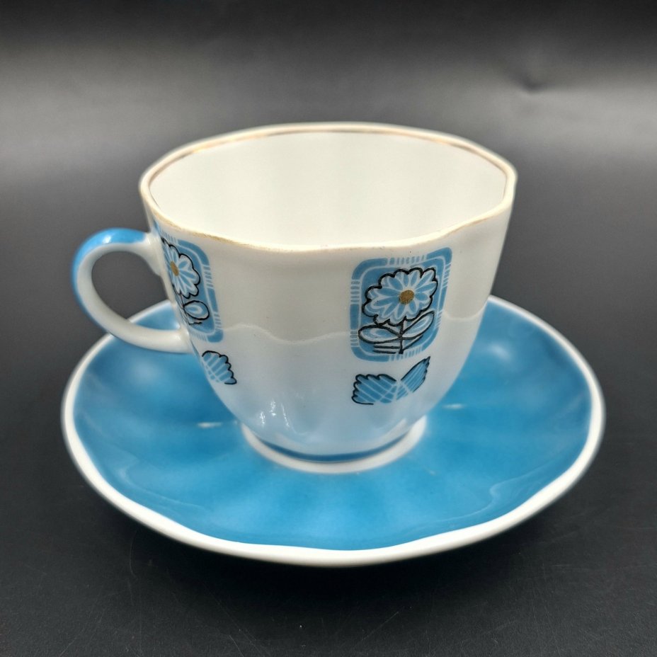 Пара кофейная "Голубой орнамент", фарфор, крытье, деколь, Ленинградский фарфоровый завод (ЛФЗ), СССР, 1960-1970 гг.