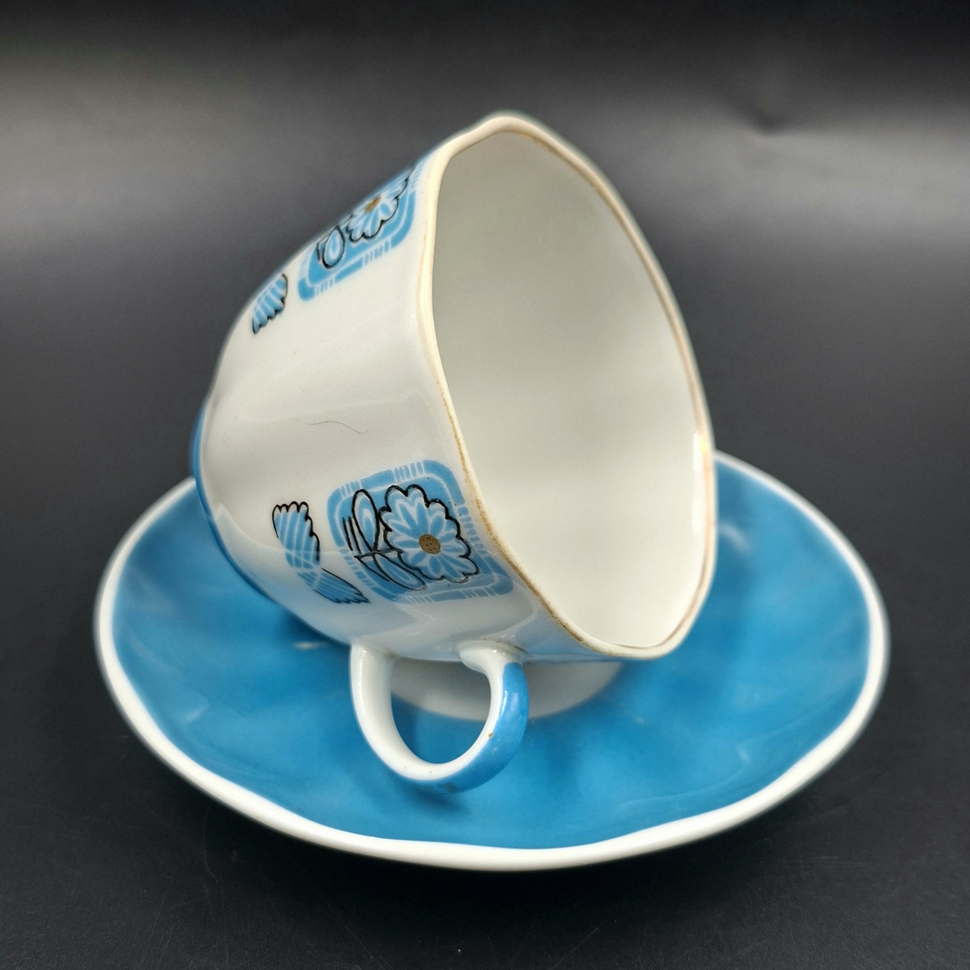 Пара кофейная "Голубой орнамент", фарфор, крытье, деколь, Ленинградский фарфоровый завод (ЛФЗ), СССР, 1960-1970 гг.