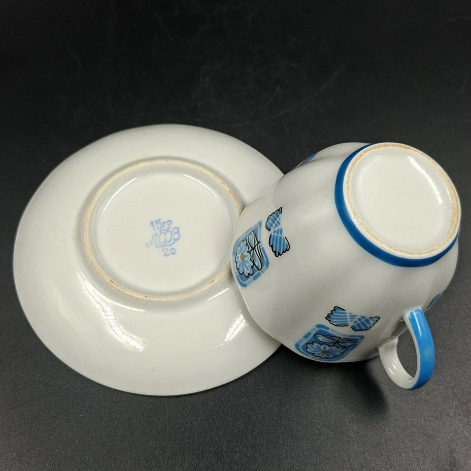 Пара кофейная "Голубой орнамент", фарфор, крытье, деколь, Ленинградский фарфоровый завод (ЛФЗ), СССР, 1960-1970 гг.