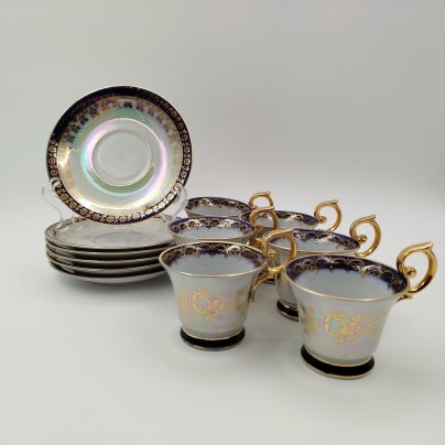 Набор кофейных пар с растительным декором золотого цвета и кобальтовым кантом на 6 персон, фарфор, люстр, золочение, Martinroda Friedrich Eger & Co. (PM), Германия, 1960-1980 гг.