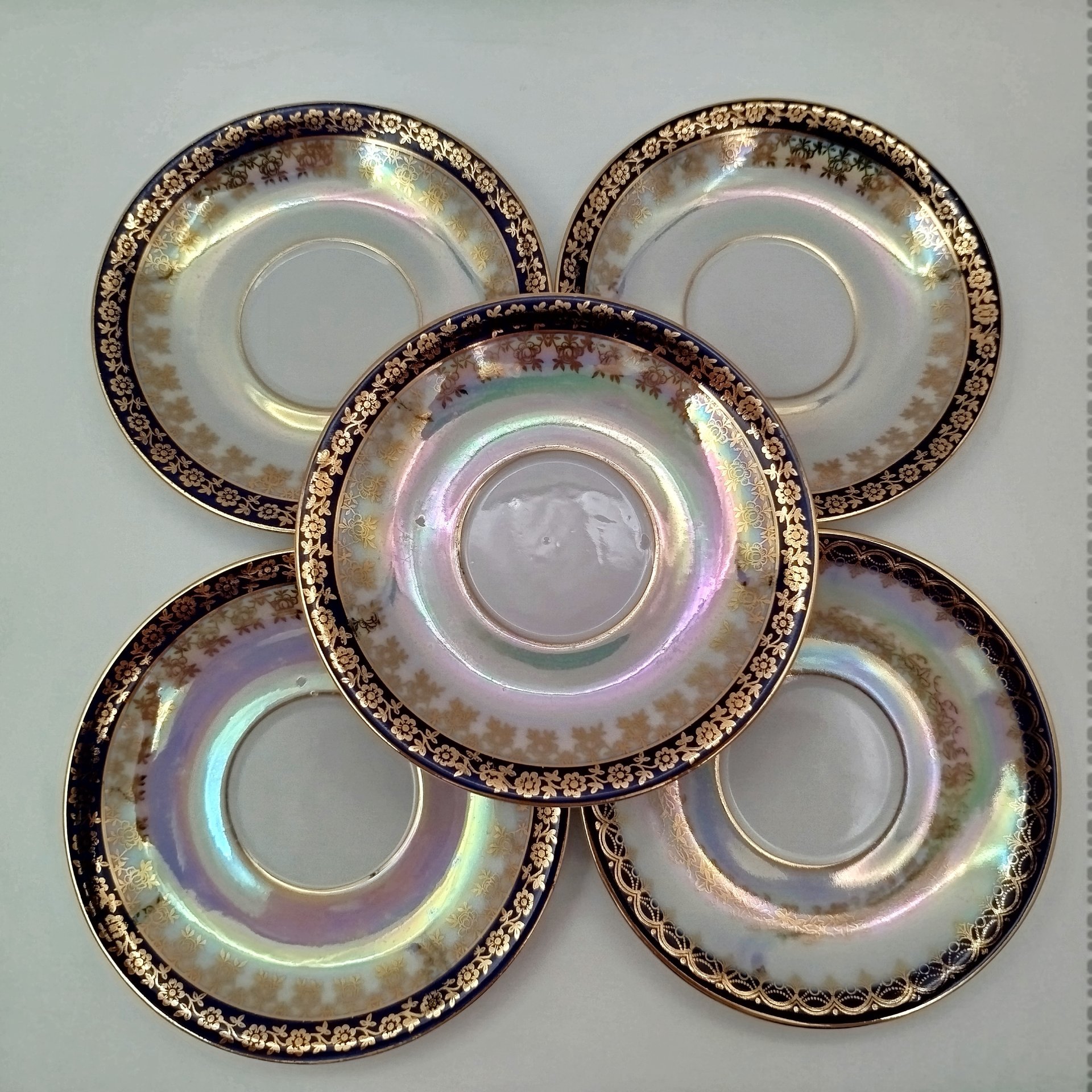 Набор кофейных пар с растительным декором золотого цвета и кобальтовым кантом на 6 персон, фарфор, люстр, золочение, Martinroda Friedrich Eger & Co. (PM), Германия, 1960-1980 гг.