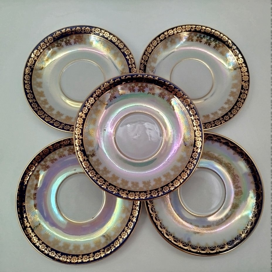 Набор кофейных пар с растительным декором золотого цвета и кобальтовым кантом на 6 персон, фарфор, люстр, золочение, Martinroda Friedrich Eger & Co. (PM), Германия, 1960-1980 гг.