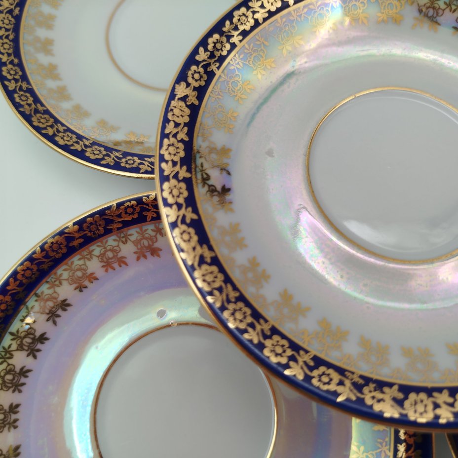 Набор кофейных пар с растительным декором золотого цвета и кобальтовым кантом на 6 персон, фарфор, люстр, золочение, Martinroda Friedrich Eger & Co. (PM), Германия, 1960-1980 гг.
