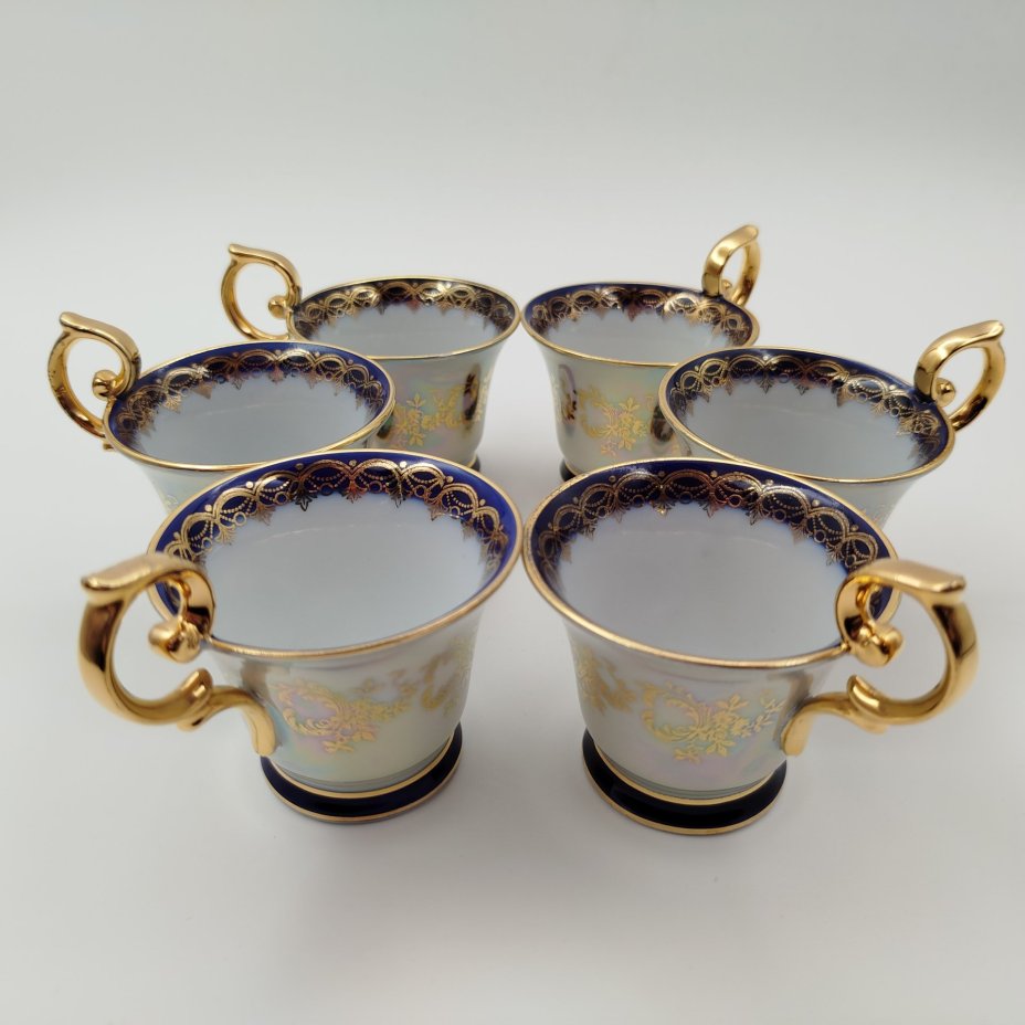Набор кофейных пар с растительным декором золотого цвета и кобальтовым кантом на 6 персон, фарфор, люстр, золочение, Martinroda Friedrich Eger & Co. (PM), Германия, 1960-1980 гг.