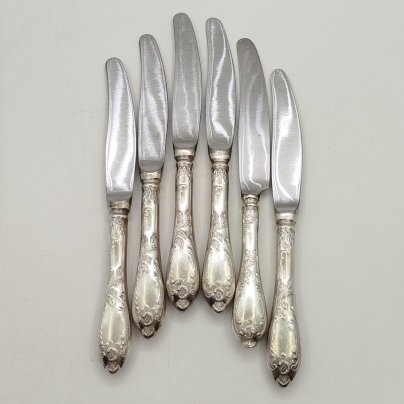 Набор из 6 десертных ножей "Пламя", мНЦ (медь-никель-цинк), Вольнянский завод столовых приборов им. Шевченко (ЗiШ, ЗиШ), СССР, 1970-1990 гг.