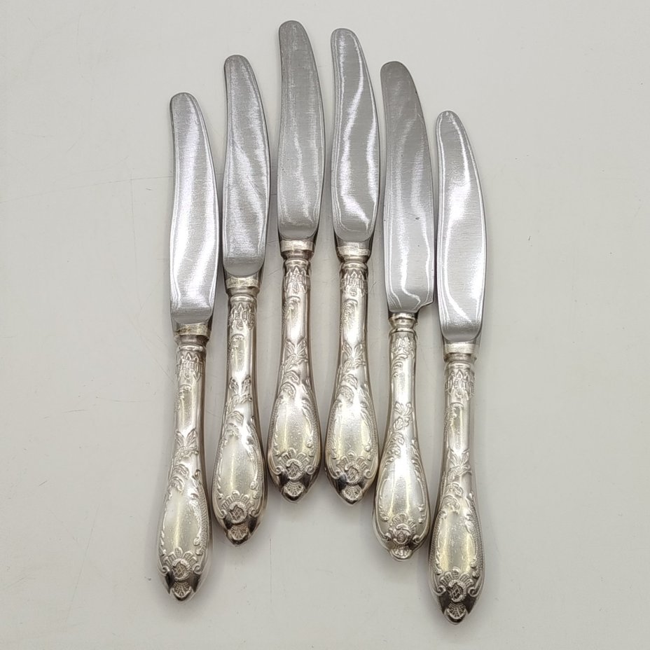 Набор из 6 десертных ножей "Пламя", мНЦ (медь-никель-цинк), Вольнянский завод столовых приборов им. Шевченко (ЗiШ, ЗиШ), СССР, 1970-1990 гг.