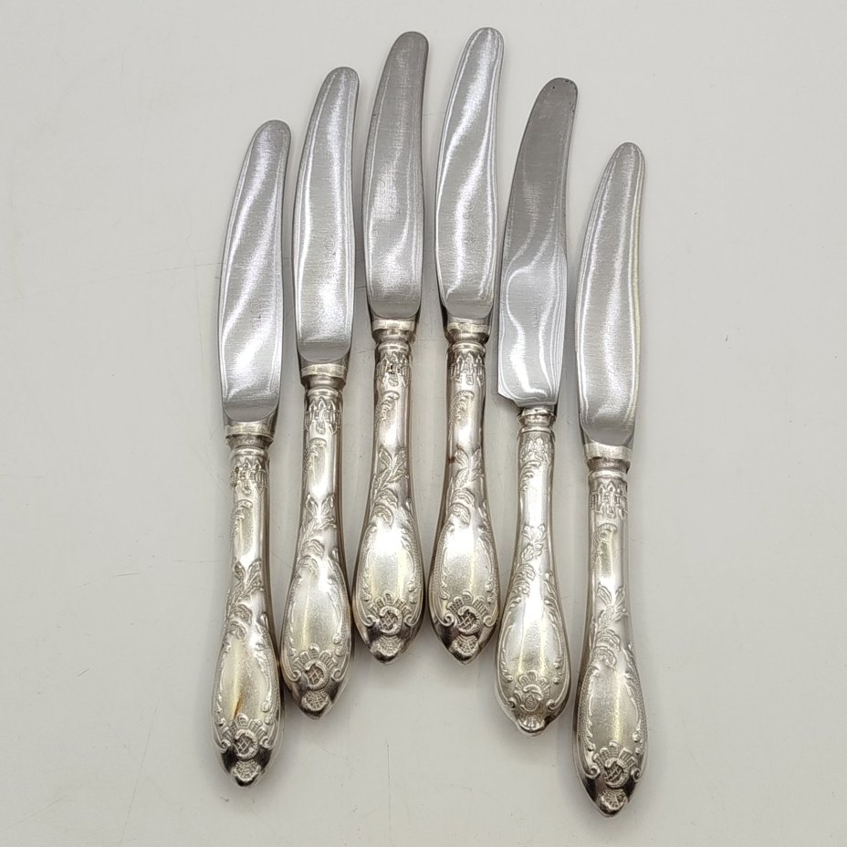 Набор из 6 десертных ножей "Пламя", мНЦ (медь-никель-цинк), Вольнянский завод столовых приборов им. Шевченко (ЗiШ, ЗиШ), СССР, 1970-1990 гг.