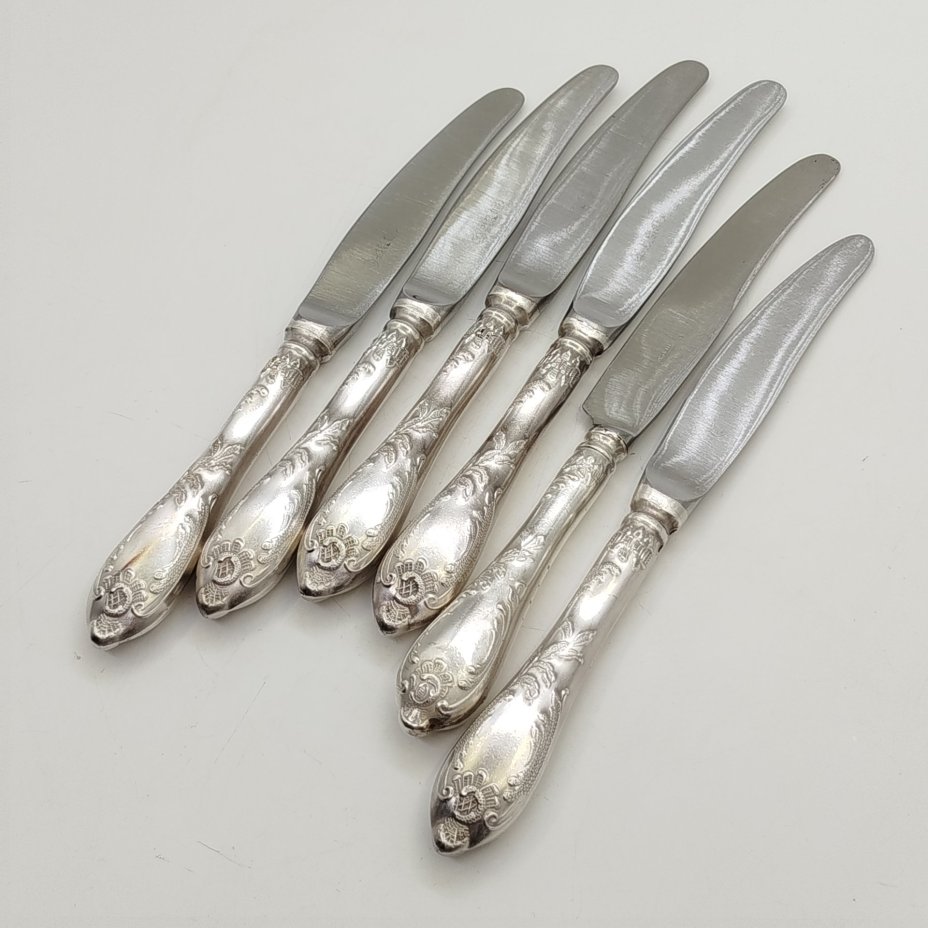 Набор из 6 десертных ножей "Пламя", мНЦ (медь-никель-цинк), Вольнянский завод столовых приборов им. Шевченко (ЗiШ, ЗиШ), СССР, 1970-1990 гг.