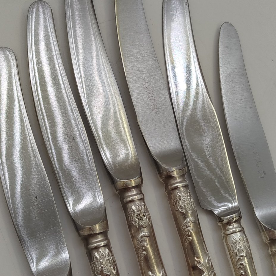 Набор из 6 десертных ножей "Пламя", мНЦ (медь-никель-цинк), Вольнянский завод столовых приборов им. Шевченко (ЗiШ, ЗиШ), СССР, 1970-1990 гг.