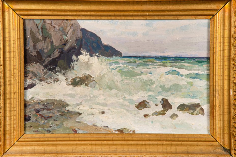 Картина "Прибрежные скалы" (название условное), оформленная в раму, неизвестный художник, оргалит, масло, СССР, 1950-1980 гг.