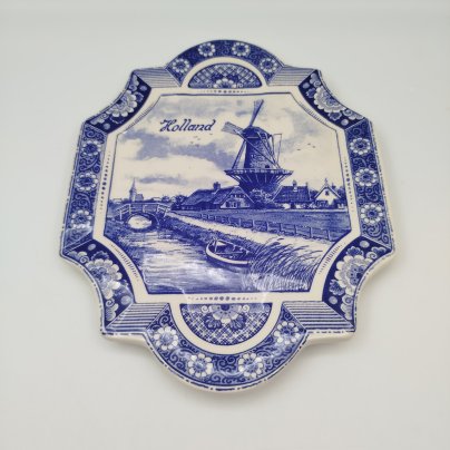 Панно декоративное "Holland" с изображением пейзажа и мельницы, "Agro Delft Blauw", фарфор, печать, Нидерланды, 1980-2000 гг.