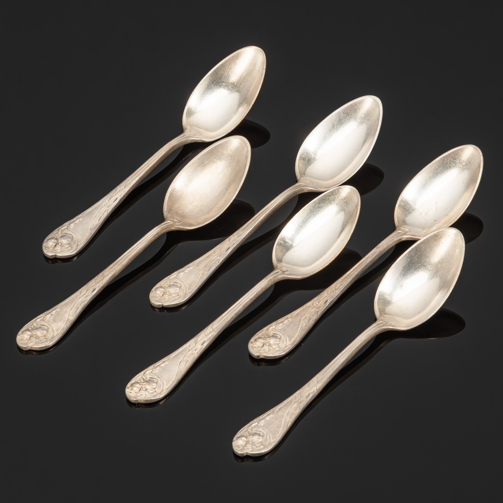 Набор из 6 чайных ложек в стиле Модерн, металл, серебрение, Fraget (Фабрика серебряных и плакированных изделий Иосифа Фраже), Российская империя, 1880-1890 гг.
