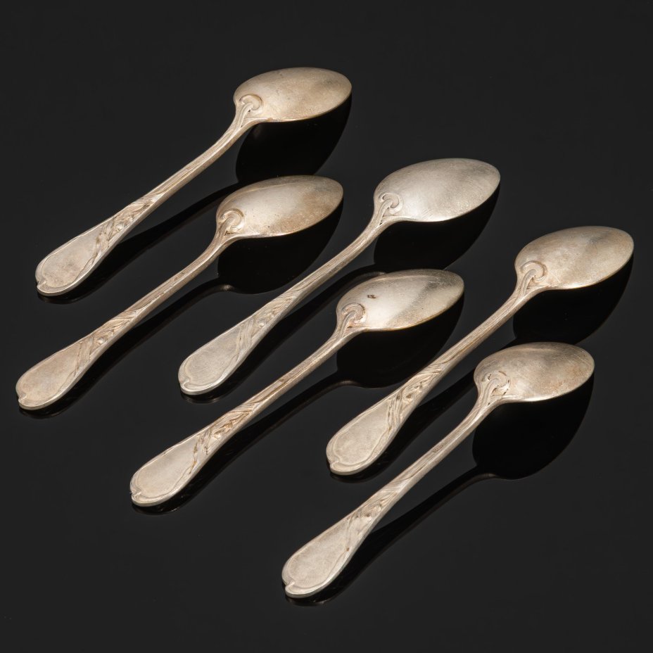Набор из 6 чайных ложек в стиле Модерн, металл, серебрение, Fraget (Фабрика серебряных и плакированных изделий Иосифа Фраже), Российская империя, 1880-1890 гг.