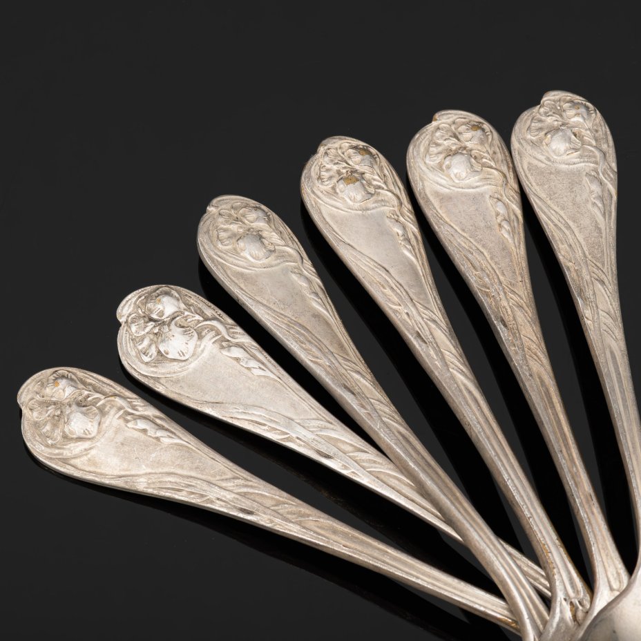 Набор из 6 чайных ложек в стиле Модерн, металл, серебрение, Fraget (Фабрика серебряных и плакированных изделий Иосифа Фраже), Российская империя, 1880-1890 гг.