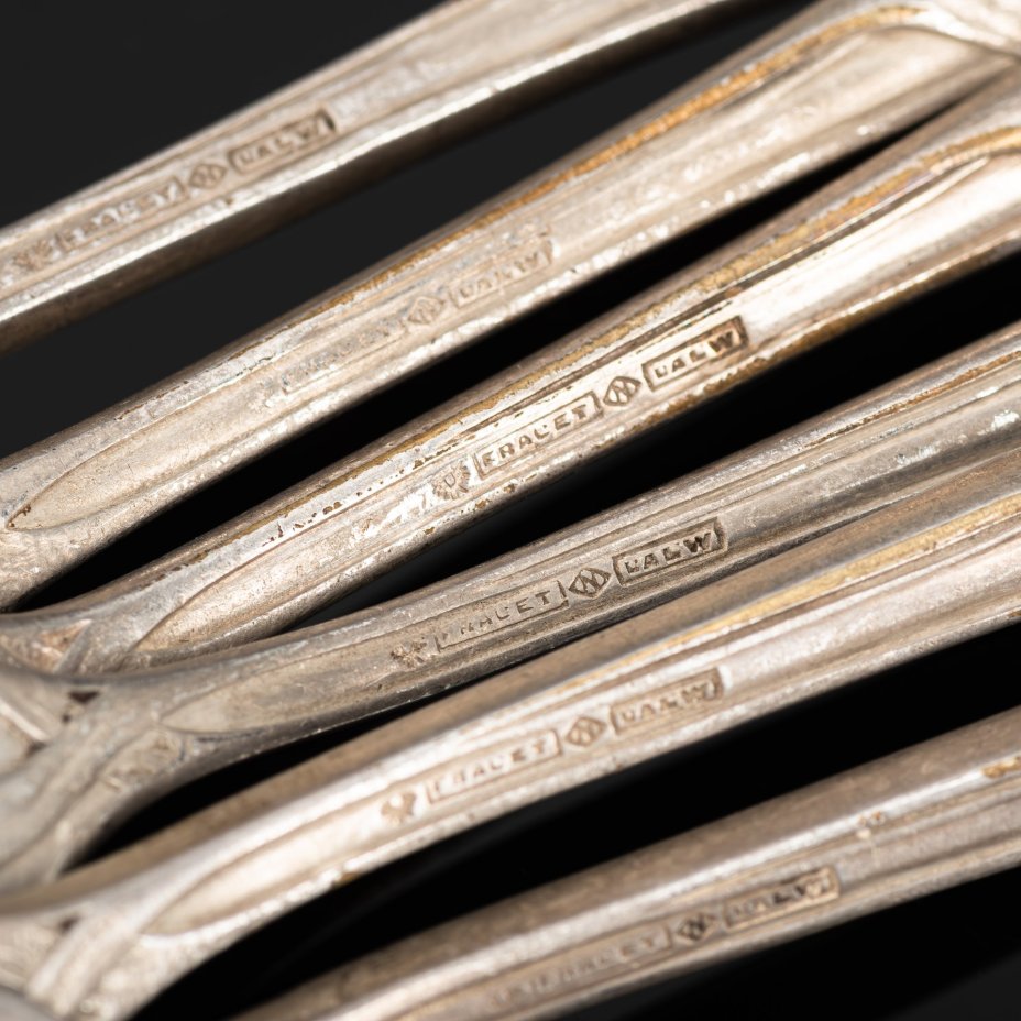 Набор из 6 чайных ложек в стиле Модерн, металл, серебрение, Fraget (Фабрика серебряных и плакированных изделий Иосифа Фраже), Российская империя, 1880-1890 гг.