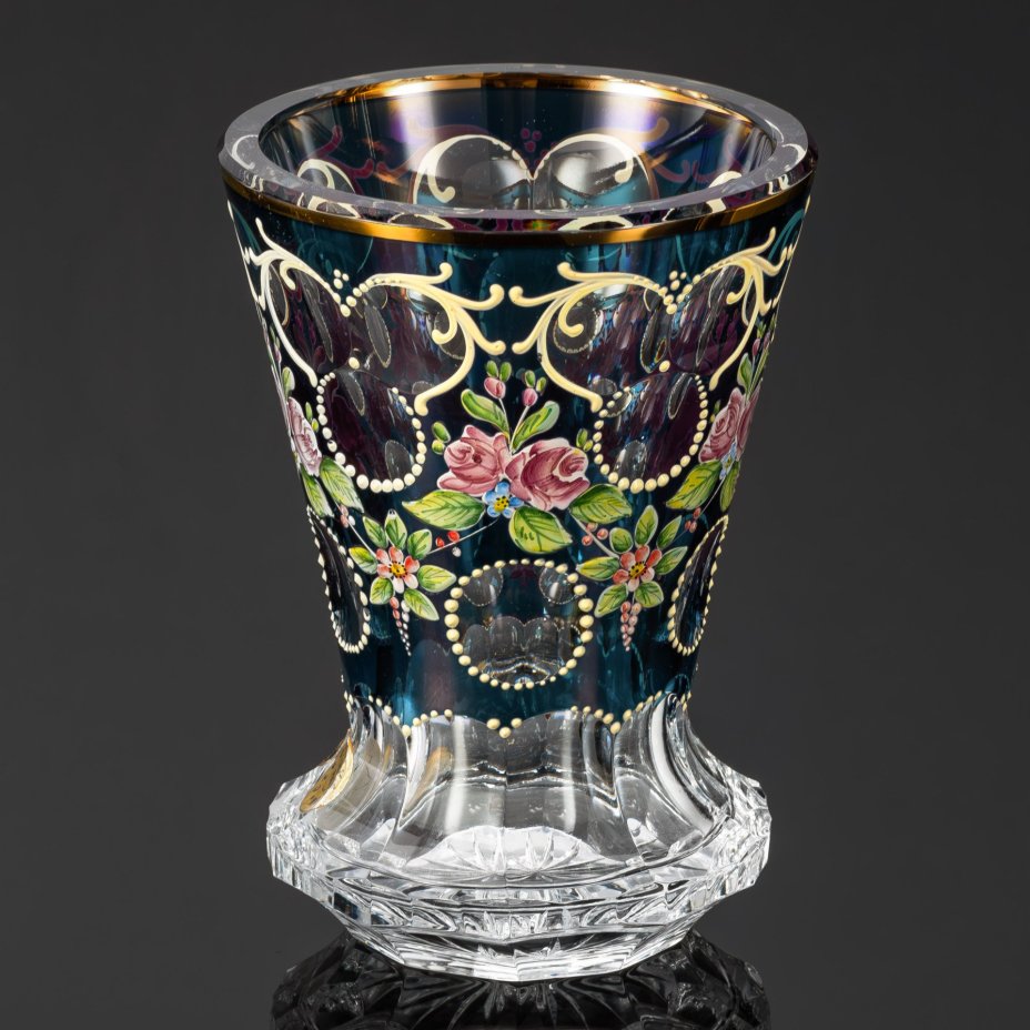 Ваза с декором в виде линз и цветочных гирлянд, хрусталь, нацвет, роспись, золочение, Чехословакия, 1940-1970 гг.