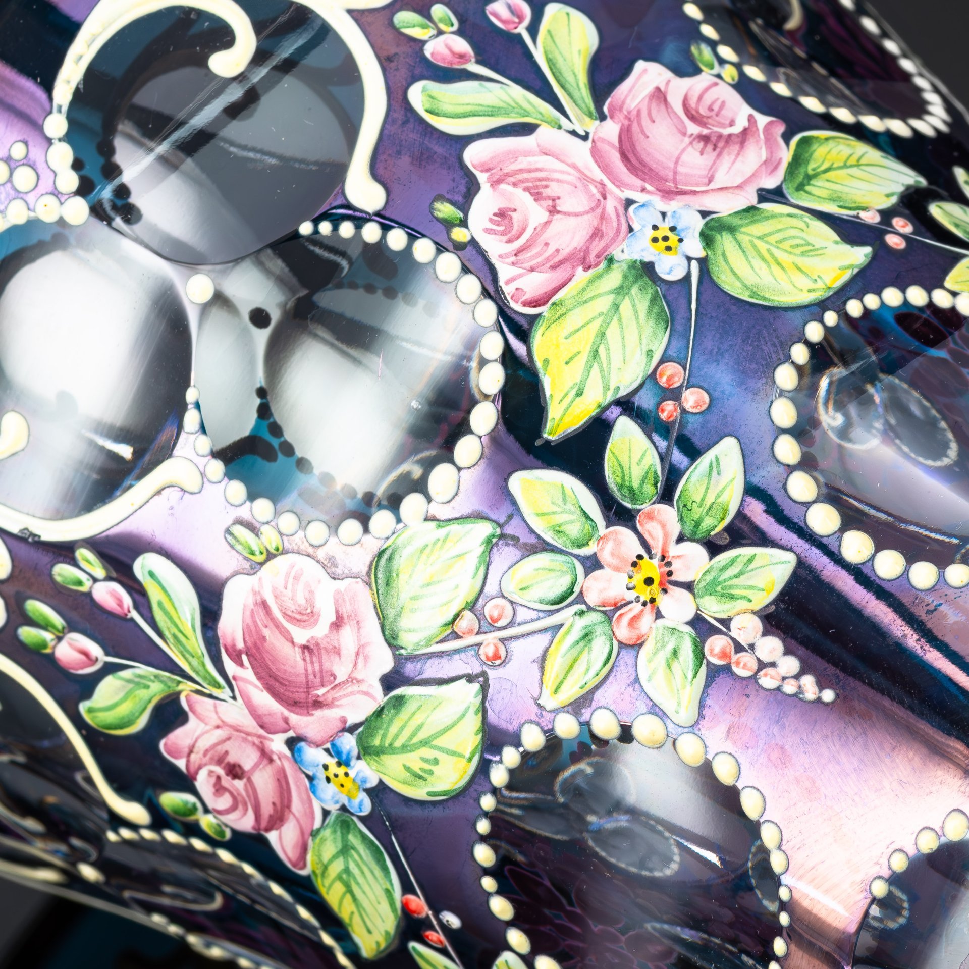 Ваза с декором в виде линз и цветочных гирлянд, хрусталь, нацвет, роспись, золочение, Чехословакия, 1940-1970 гг.