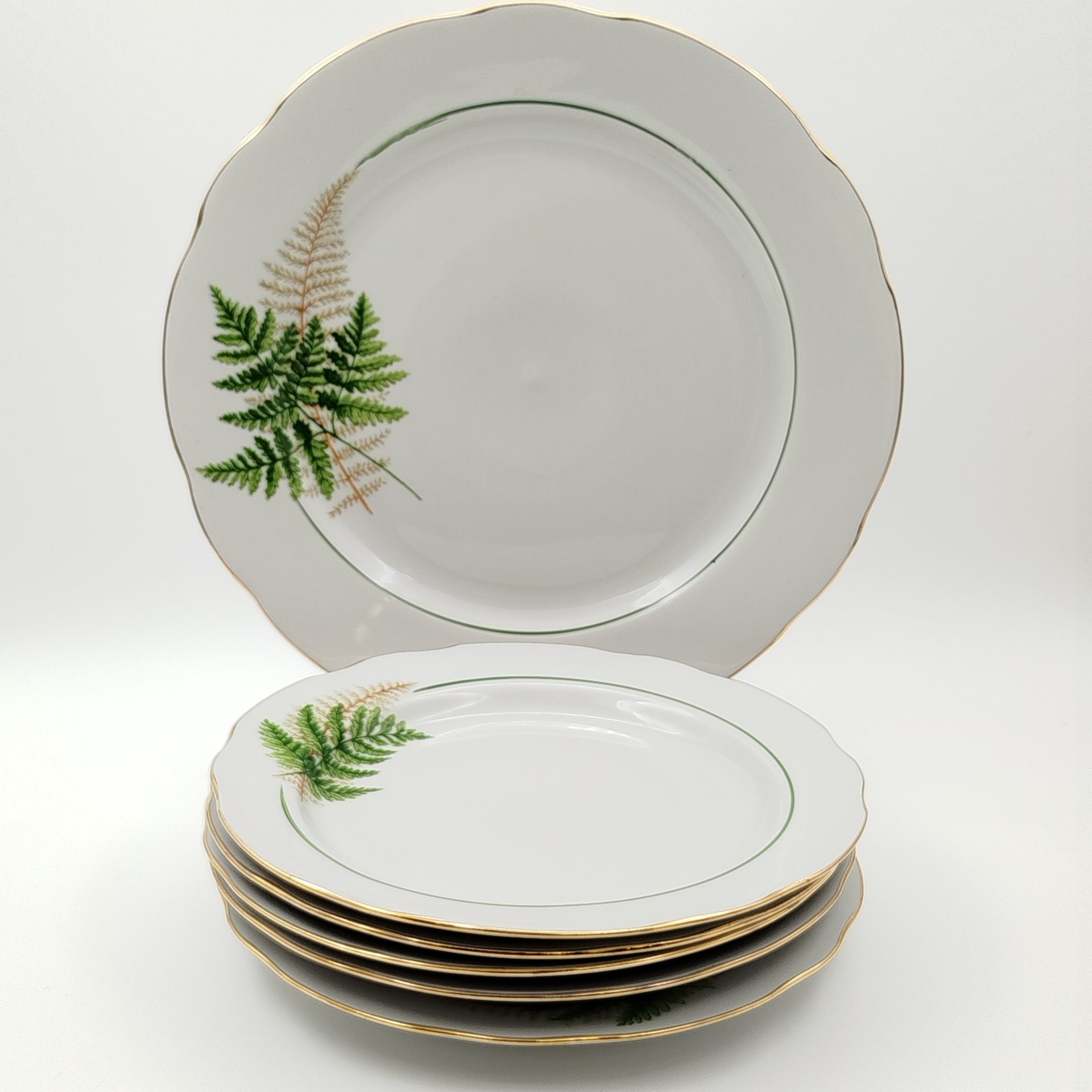 Набор из блюда и пяти обеденных тарелок "Папоротники", фасон "Гранёный", фарфор, деколь, золочение, Дулевский фарфоровый завод (Дулёво), Россия, 2006 г.