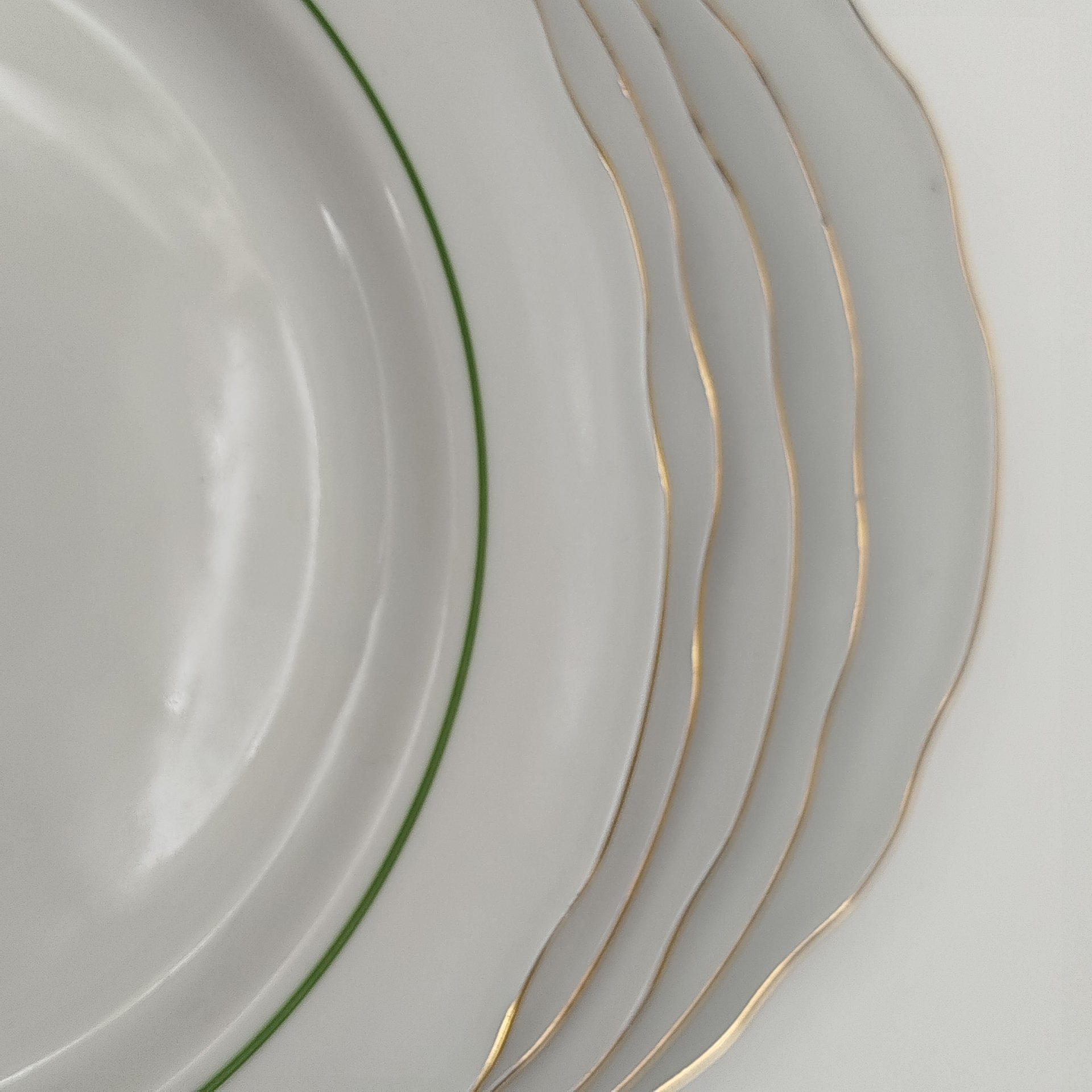 Набор из блюда и пяти обеденных тарелок "Папоротники", фасон "Гранёный", фарфор, деколь, золочение, Дулевский фарфоровый завод (Дулёво), Россия, 2006 г.