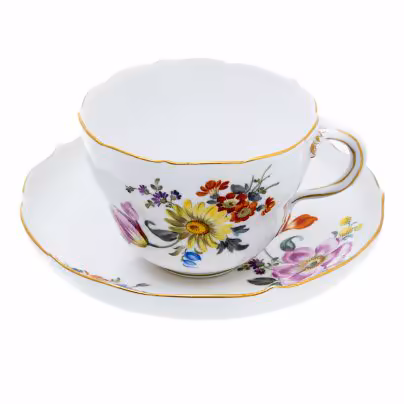 Пара чайная с цветочным декором, фарфор, роспись, золочение, "Meissen porcelain manufactory" (Мейсен), Германия, 1948 г., Meissen (Мейсенский фарфор)