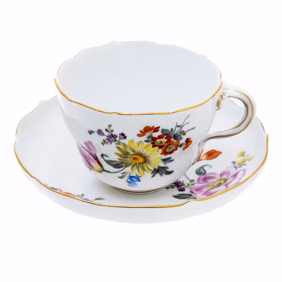 Пара чайная с цветочным декором, фарфор, роспись, золочение, "Meissen porcelain manufactory" (Мейсен), Германия, 1948 г., Meissen (Мейсенский фарфор)