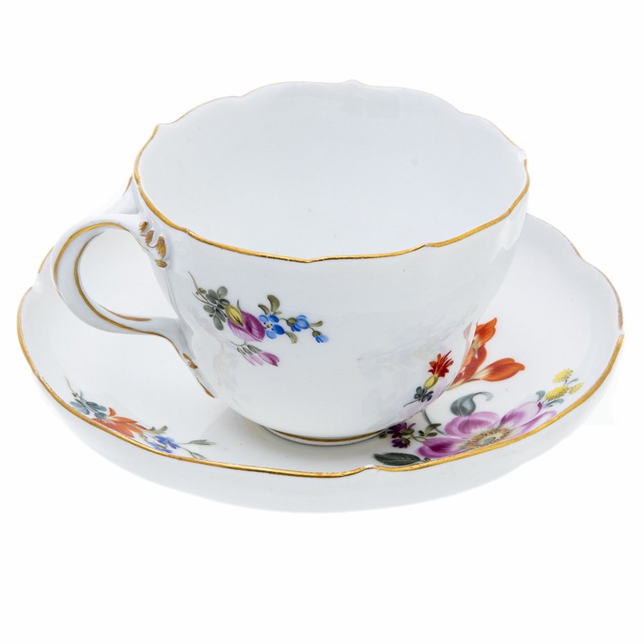 Пара чайная с цветочным декором, фарфор, роспись, золочение, "Meissen porcelain manufactory" (Мейсен), Германия, 1948 г., Meissen (Мейсенский фарфор)