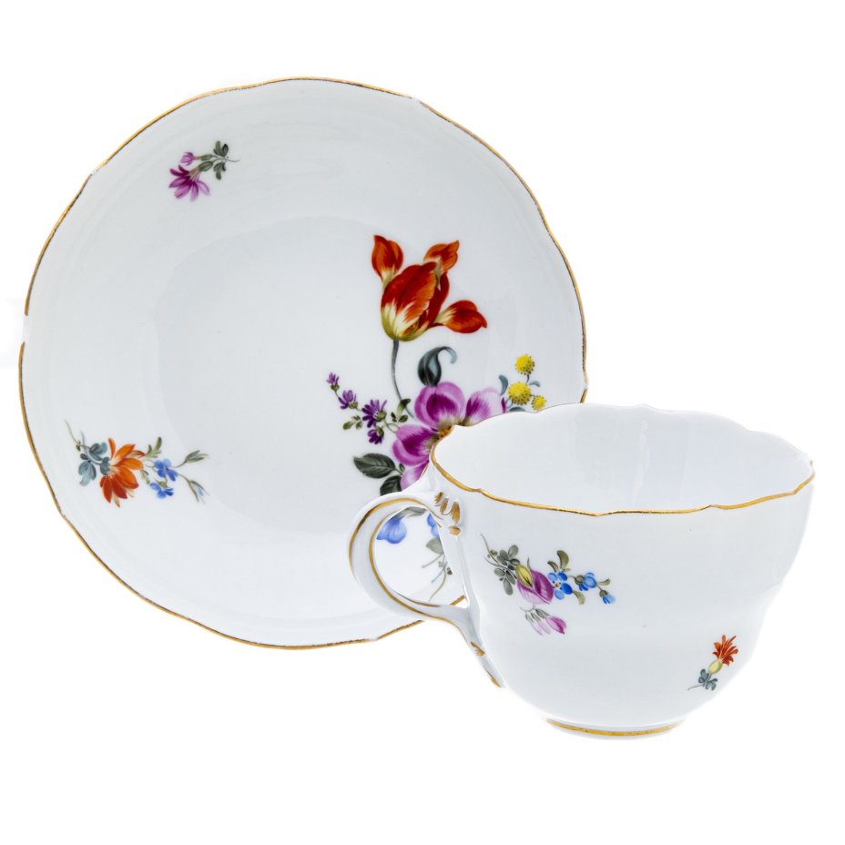 Пара чайная с цветочным декором, фарфор, роспись, золочение, "Meissen porcelain manufactory" (Мейсен), Германия, 1948 г., Meissen (Мейсенский фарфор)