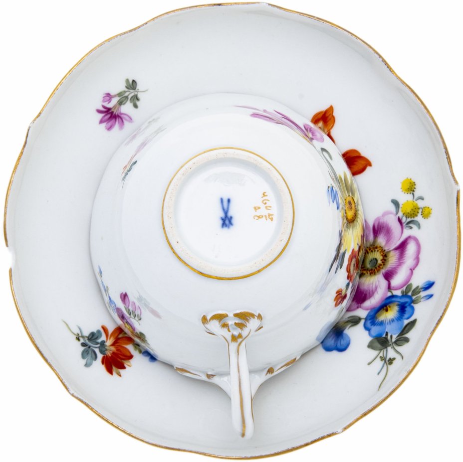 Пара чайная с цветочным декором, фарфор, роспись, золочение, "Meissen porcelain manufactory" (Мейсен), Германия, 1948 г., Meissen (Мейсенский фарфор)