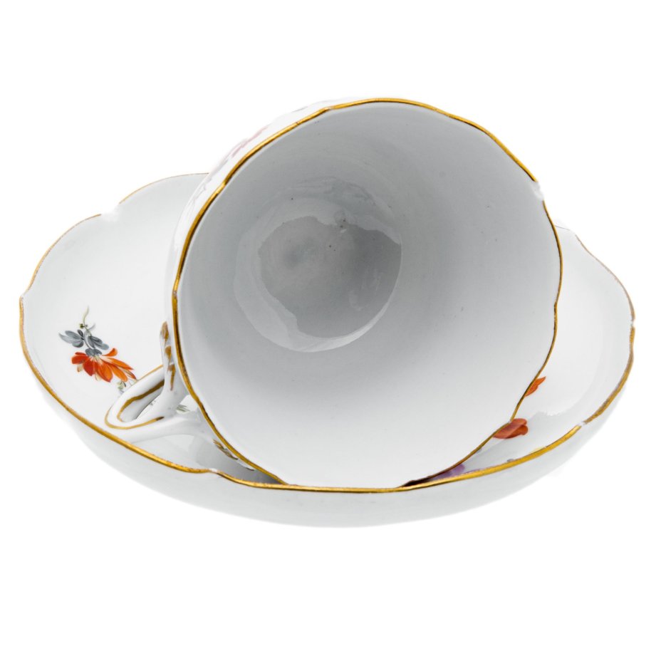 Пара чайная с цветочным декором, фарфор, роспись, золочение, "Meissen porcelain manufactory" (Мейсен), Германия, 1948 г., Meissen (Мейсенский фарфор)