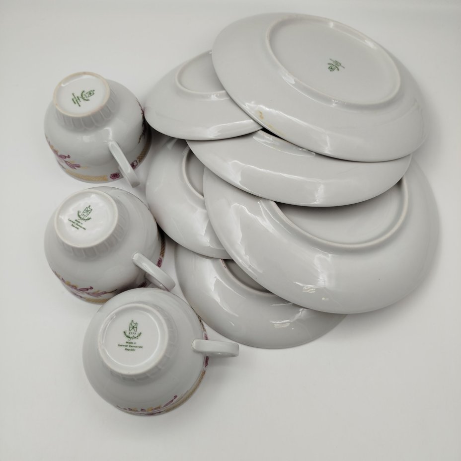 Набор чайно-кофейных трио с цветочным декором на 3 персоны, фарфор, деколь, золочение, Graf Von Henneberg Porzellan, 1777 Jlmenau, ГДР, 1977-1990 гг.