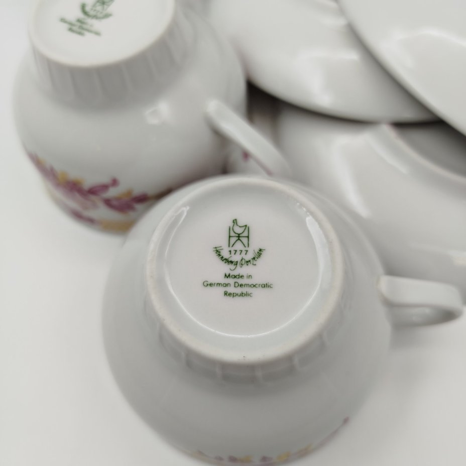 Набор чайно-кофейных трио с цветочным декором на 3 персоны, фарфор, деколь, золочение, Graf Von Henneberg Porzellan, 1777 Jlmenau, ГДР, 1977-1990 гг.