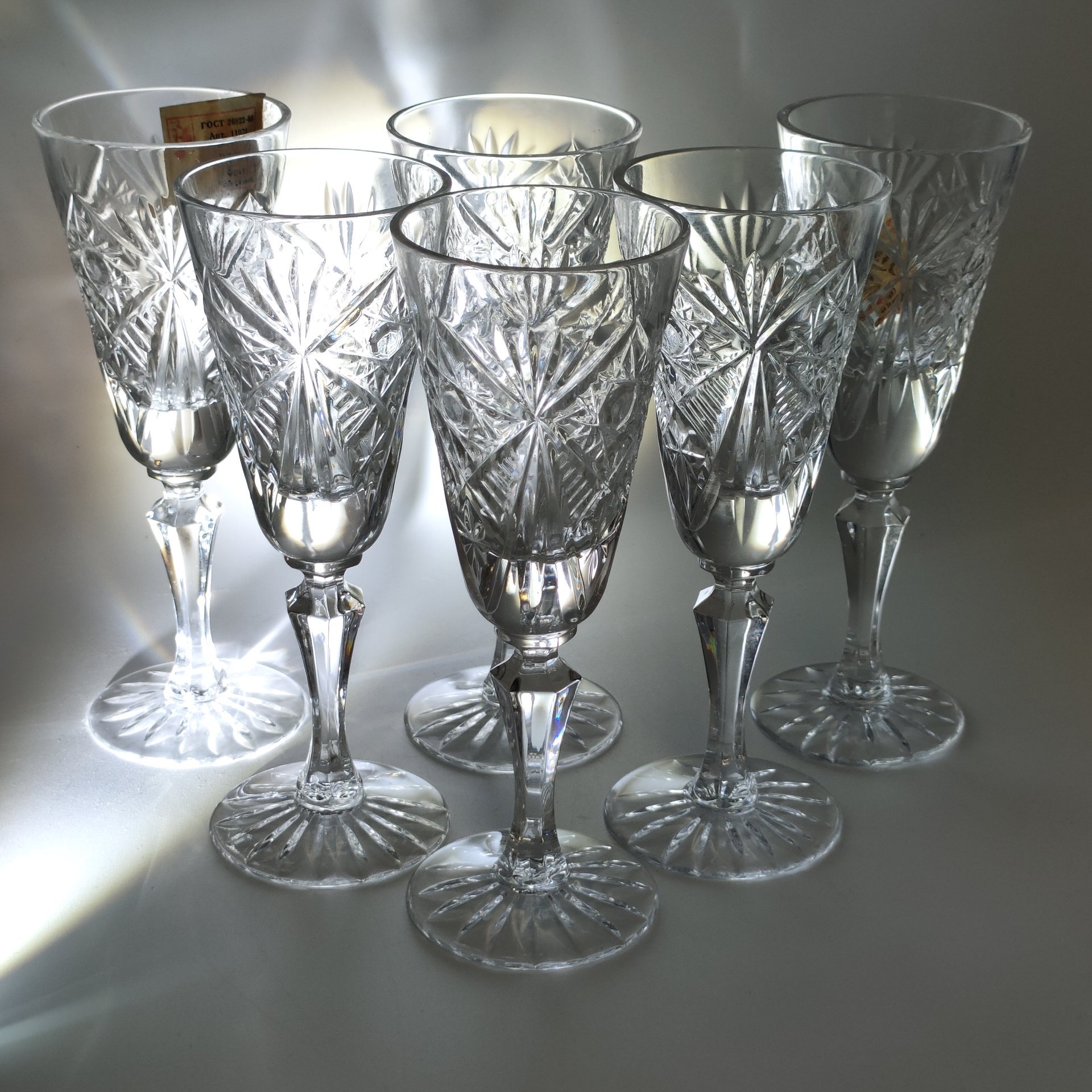 Набор бокалов с рельефным геометрическим декором на 6 персон, хрусталь, алмазная грань, Гусевской хрустальный завод (Гусь-Хрустальный), СССР, 1972-1982 гг.
