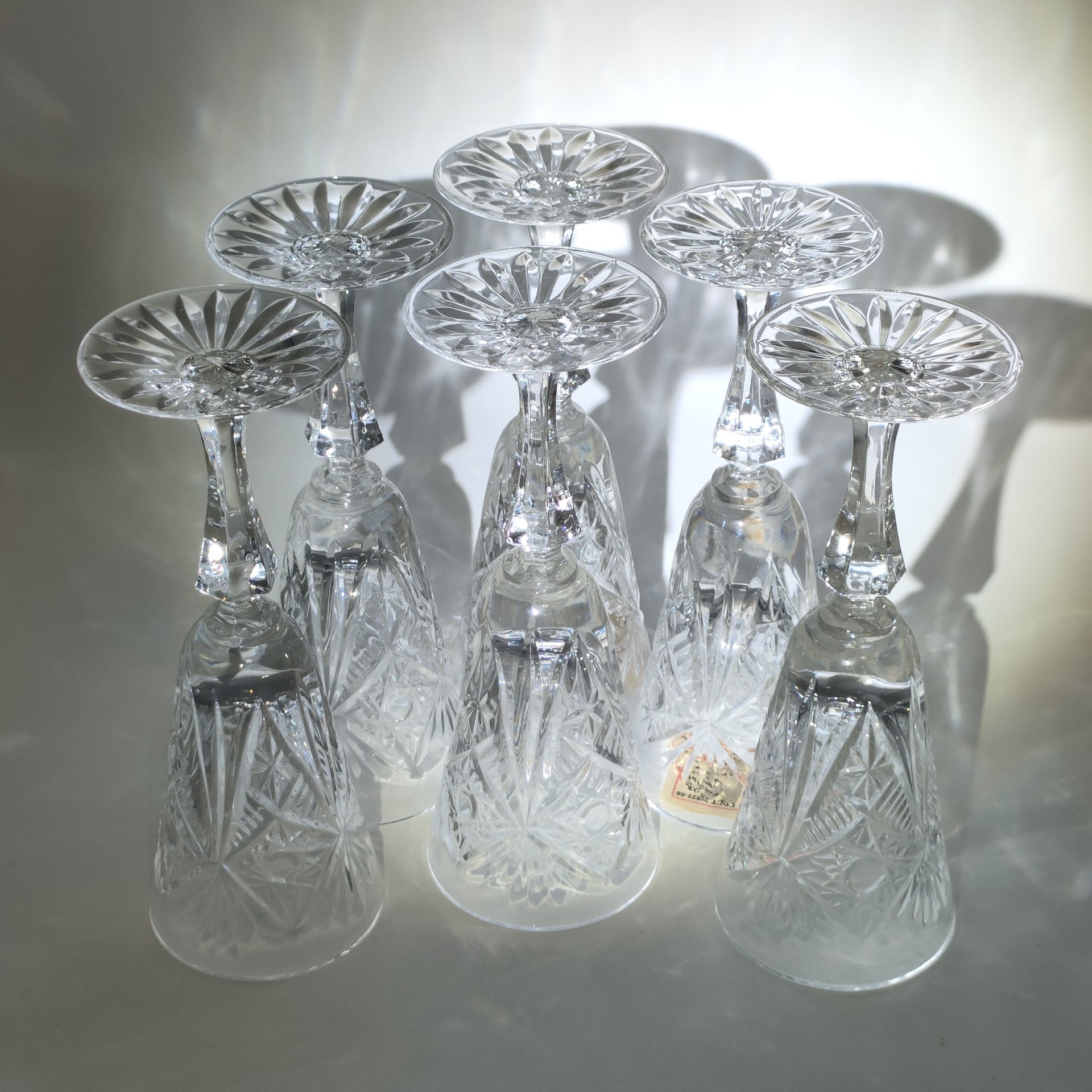 Набор бокалов с рельефным геометрическим декором на 6 персон, хрусталь, алмазная грань, Гусевской хрустальный завод (Гусь-Хрустальный), СССР, 1972-1982 гг.