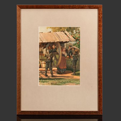 Хромолитография по картине "У колодца" в раме, автор картины Н.Д. Дмитриев-Оренбургский, Артистическое заведение А.Ф. Маркса, бумага, печать, картон, стекло, Российская империя, 1892 г.