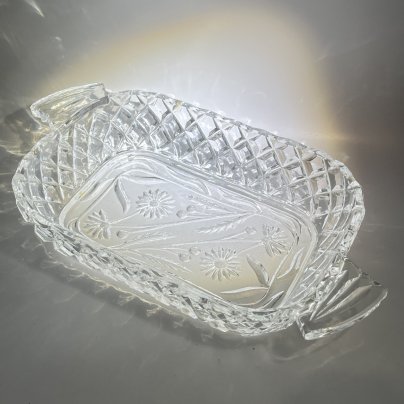 Блюдо сервировочное прямоугольное с цветочным декором, хрусталь, алмазная грань, СССР, 1970-1990 гг.