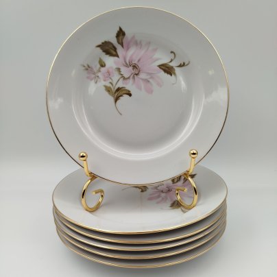 Набор пирожковых (закусочных) тарелок "Астры" на 6 персон, фарфор, деколь, золочение, Дулевский фарфоровый завод (Дулёво), СССР, 1968-1991 гг.