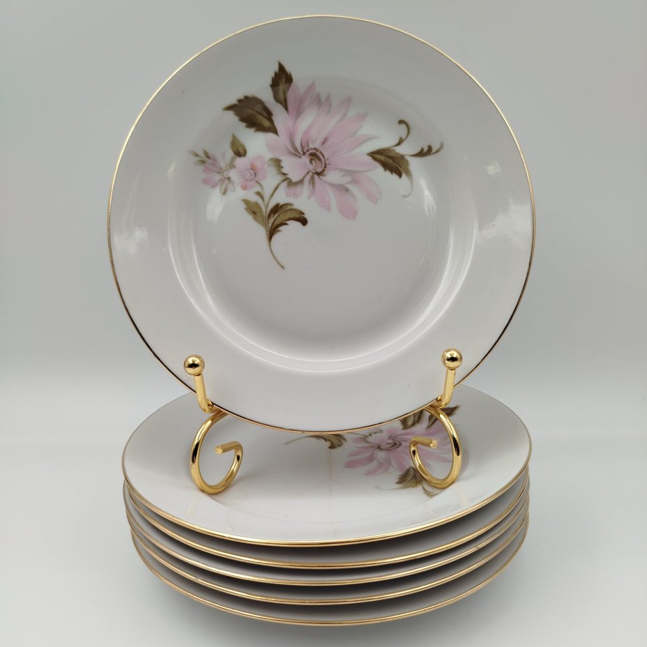 Набор пирожковых (закусочных) тарелок "Астры" на 6 персон, фарфор, деколь, золочение, Дулевский фарфоровый завод (Дулёво), СССР, 1968-1991 гг.