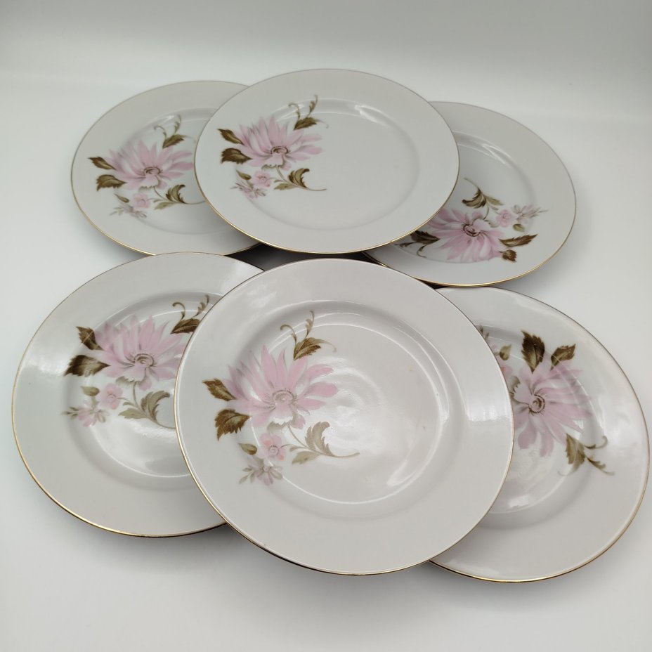 Набор пирожковых (закусочных) тарелок "Астры" на 6 персон, фарфор, деколь, золочение, Дулевский фарфоровый завод (Дулёво), СССР, 1968-1991 гг.