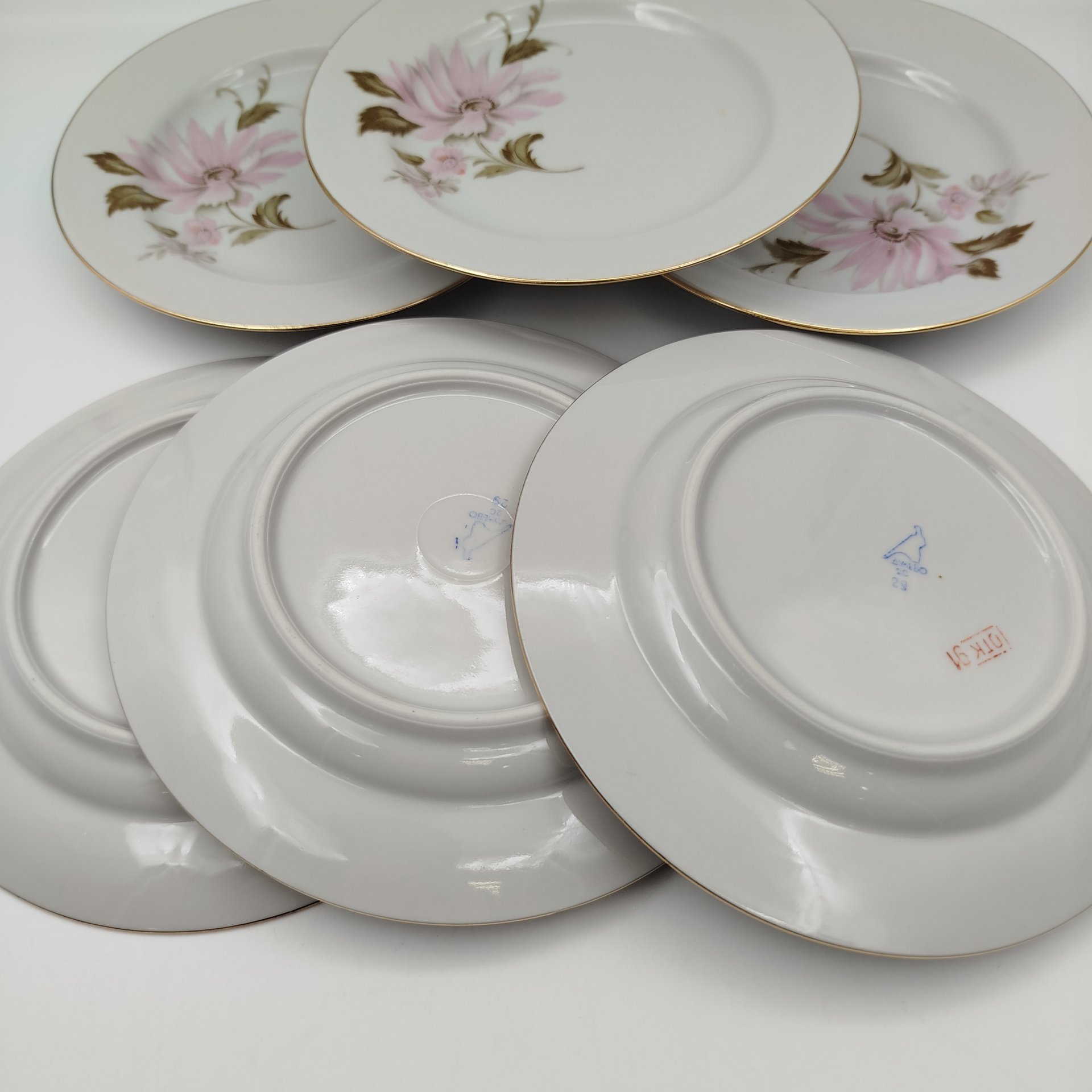 Набор пирожковых (закусочных) тарелок "Астры" на 6 персон, фарфор, деколь, золочение, Дулевский фарфоровый завод (Дулёво), СССР, 1968-1991 гг.
