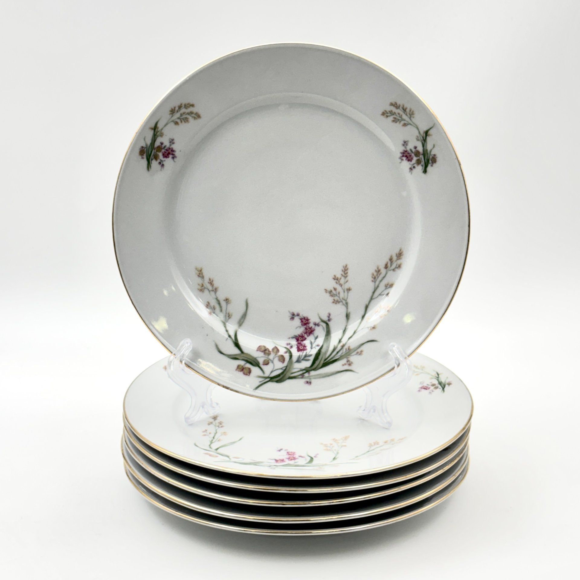 Набор десертных тарелок с цветочным декором на 6 персон, фарфор, деколь, золочение, Bareuther & Co., Bavaria, Германия, 1931-1945 гг.