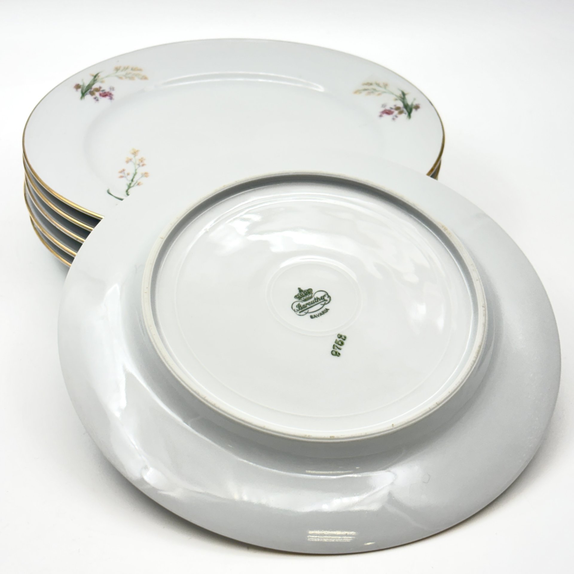 Набор десертных тарелок с цветочным декором на 6 персон, фарфор, деколь, золочение, Bareuther & Co., Bavaria, Германия, 1931-1945 гг.