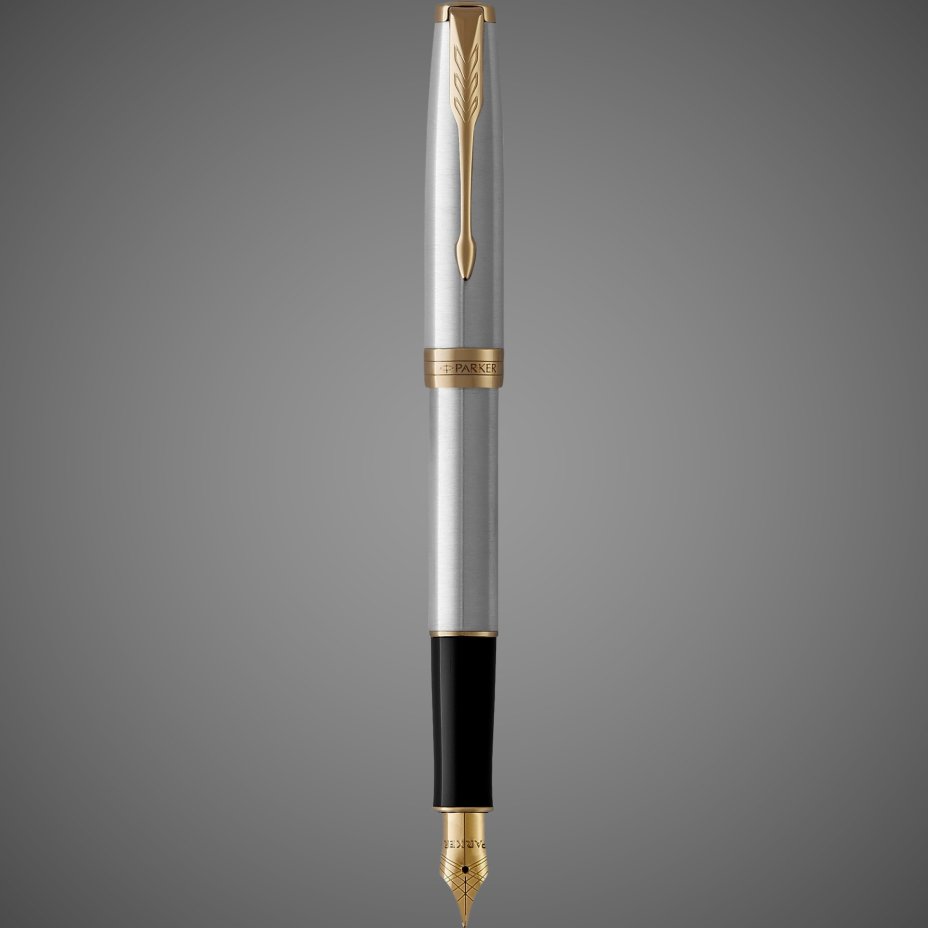 Перьевая ручка Parker Sonnet , Stainless Steel GT, перо: F или М, цвет чернил: black, в подарочной упаковке, Металлы: латунь, нержавеющая сталь, позолота, позолота